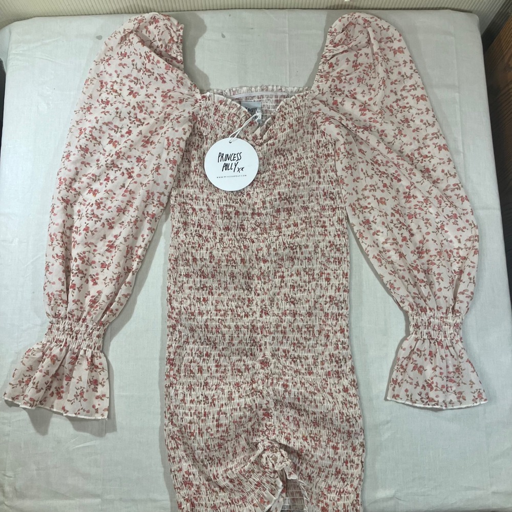 Princess Polly Floral Smocked Mini Dress Pink Cream Square Neck Size US 10 NWT
